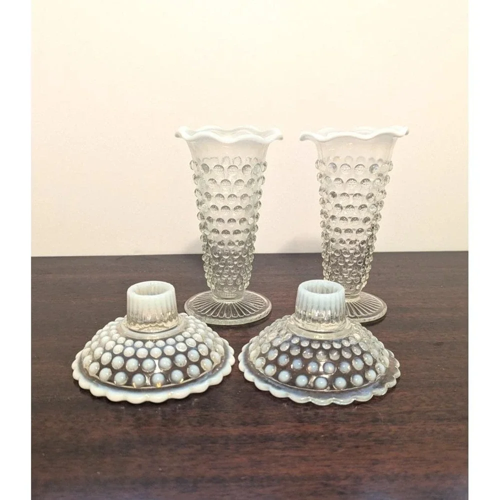 4pc Vintage Fenton Style Hobnail Glass Opalescent White Vases Candle Holders